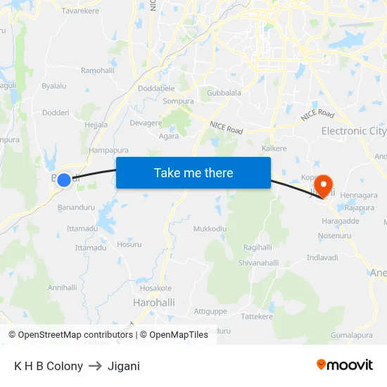 K H B Colony to Jigani map