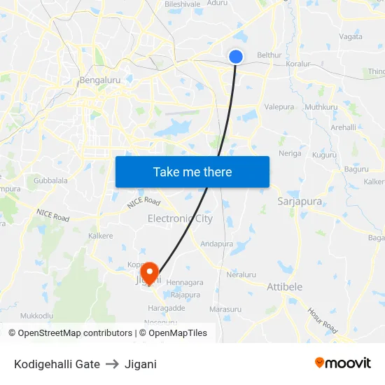 Kodigehalli Gate to Jigani map