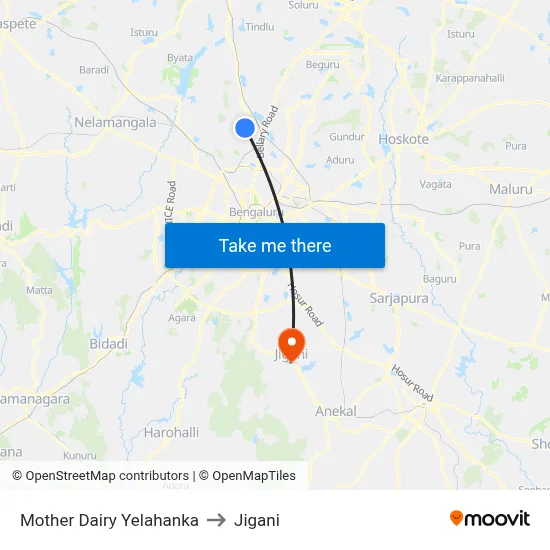Mother Dairy Yelahanka to Jigani map