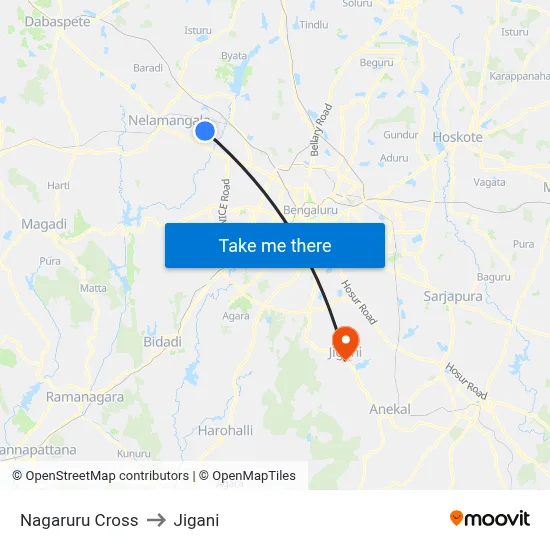 Nagaruru Cross to Jigani map