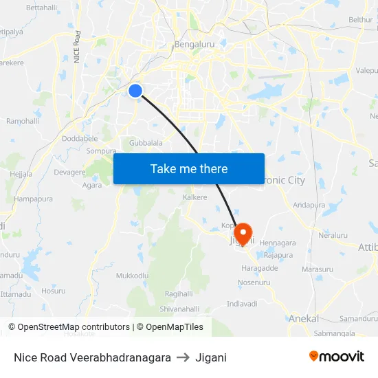 Nice Road Veerabhadranagara to Jigani map