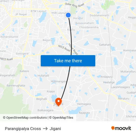 Parangipalya Cross to Jigani map