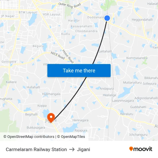 Carmelaram Railway Station to Jigani map