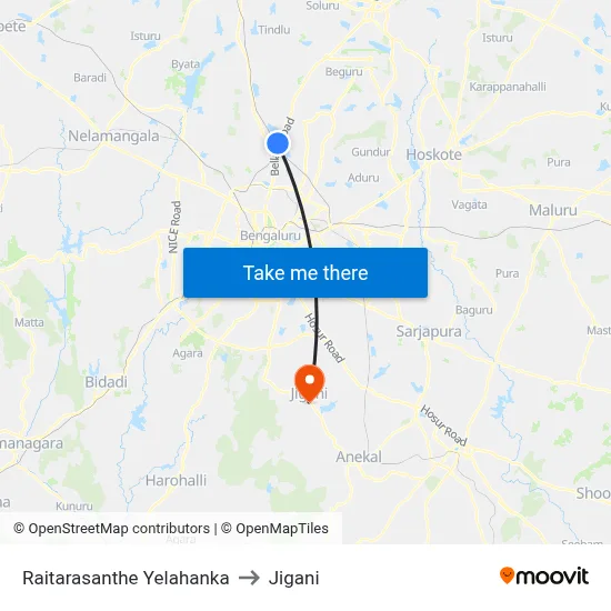 Raitarasanthe Yelahanka to Jigani map