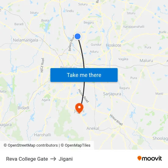 Reva College Gate to Jigani map