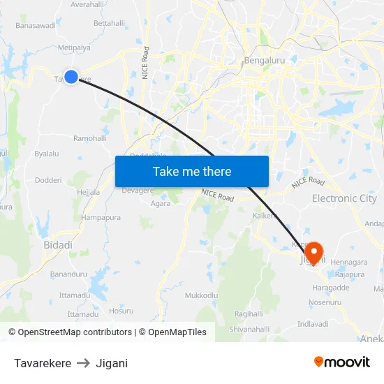 Tavarekere to Jigani map