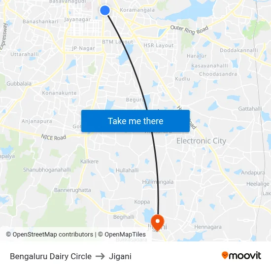 Bengaluru Dairy Circle to Jigani map