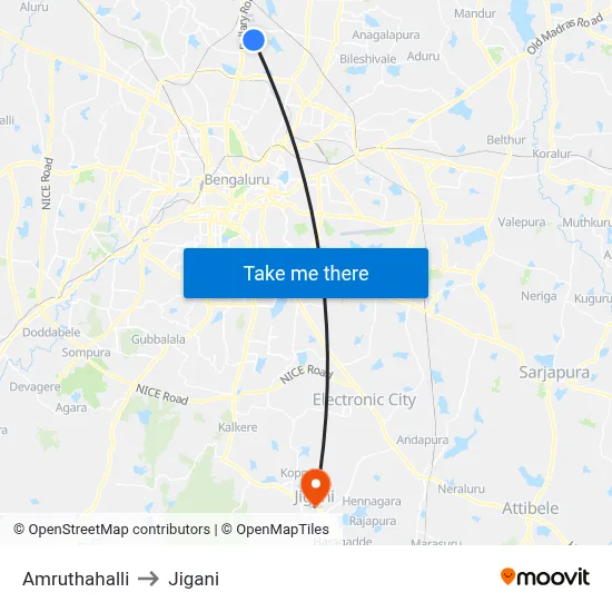 Amruthahalli to Jigani map