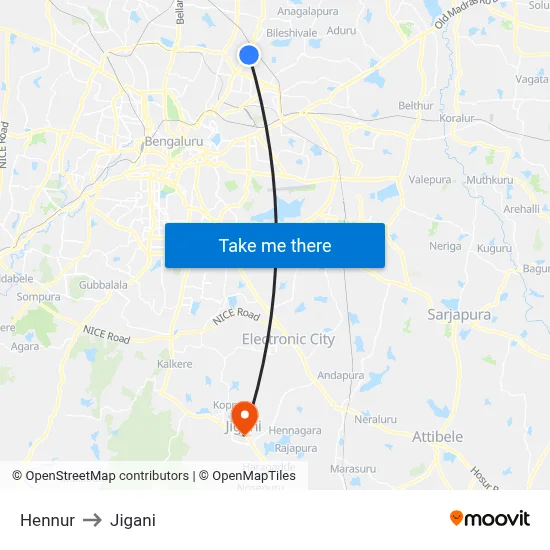Hennur to Jigani map