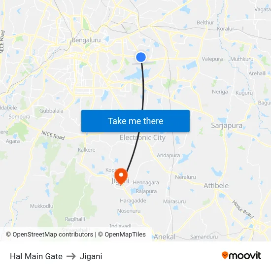 Hal Main Gate to Jigani map