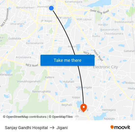 Sanjay Gandhi Hospital to Jigani map