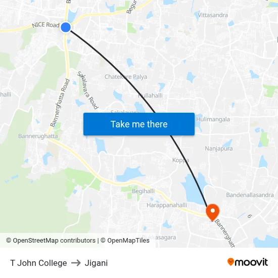 T John College to Jigani map