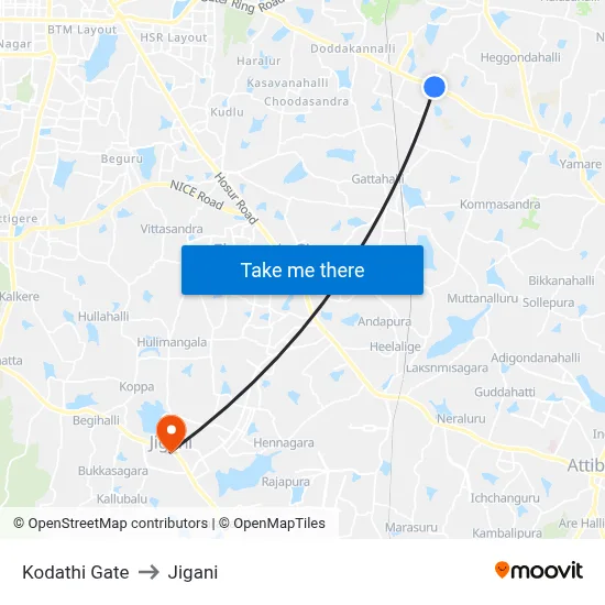 Kodathi Gate to Jigani map