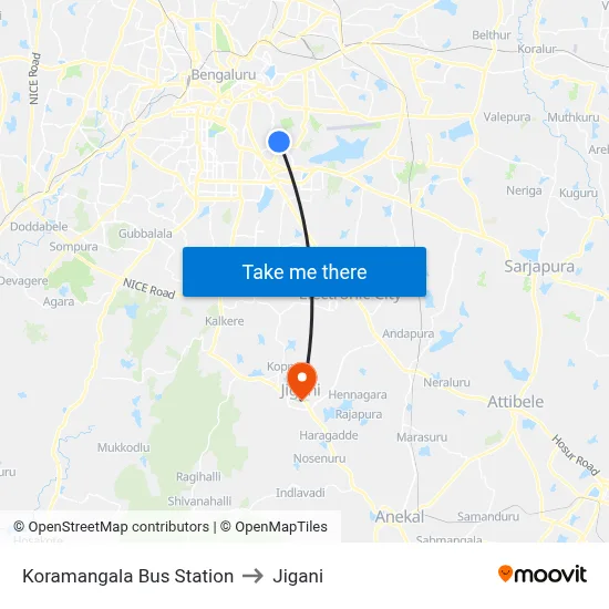 Koramangala Bus Station to Jigani map