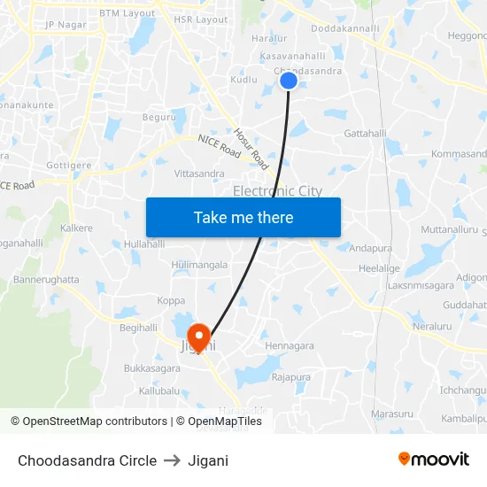 Choodasandra Circle to Jigani map