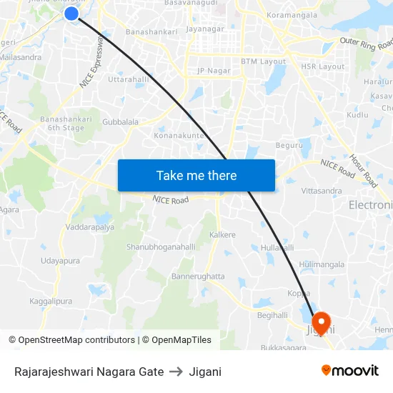 Rajarajeshwari Nagara Gate to Jigani map