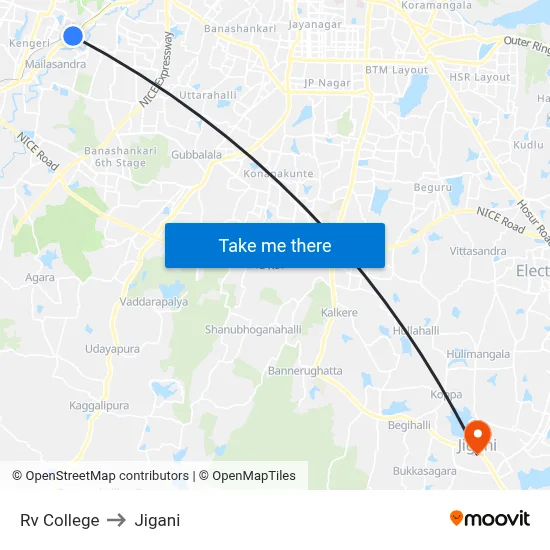 Rv College to Jigani map