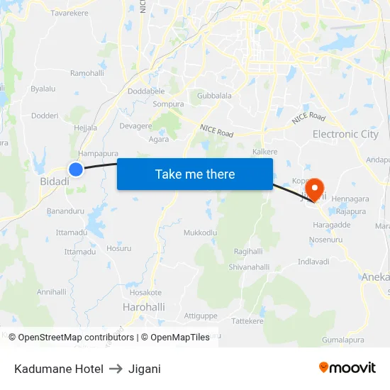 Kadumane Hotel to Jigani map