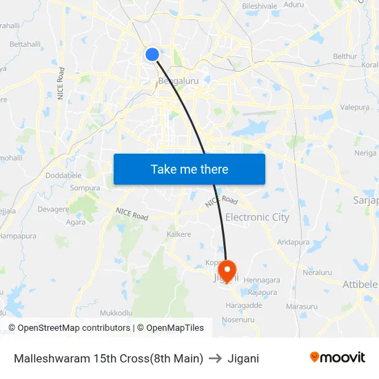 Malleshwaram 15th Cross(8th Main) to Jigani map