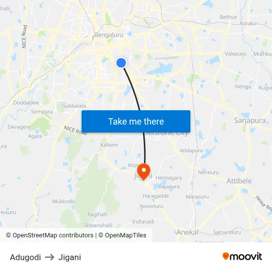 Adugodi to Jigani map