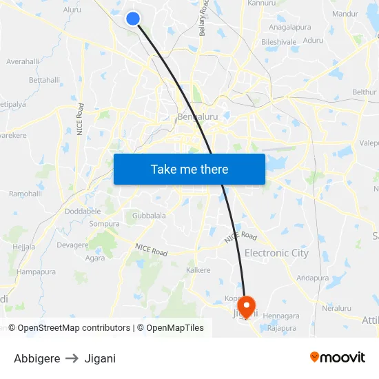 Abbigere to Jigani map