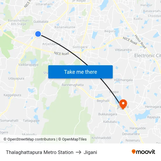 Thalaghattapura Metro Station to Jigani map