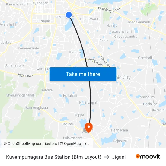 Kuvempunagara Bus Station (Btm Layout) to Jigani map
