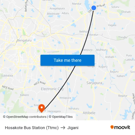 Hosakote Bus Station (Ttmc) to Jigani map