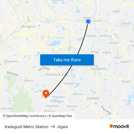 Kadugodi Metro Station to Jigani map
