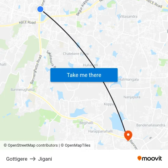 Gottigere to Jigani map