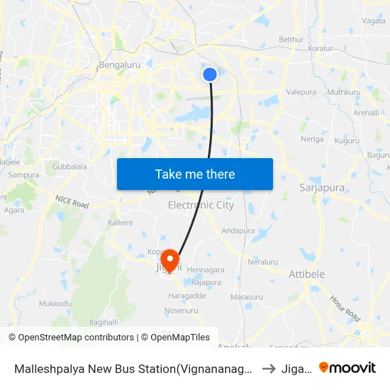 Malleshpalya New Bus Station(Vignananagar) to Jigani map