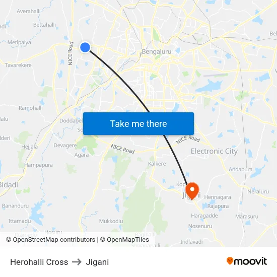 Herohalli Cross to Jigani map