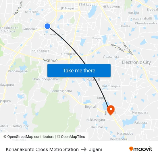 Konanakunte Cross Metro Station to Jigani map