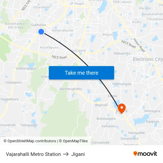 Vajarahalli Metro Station to Jigani map