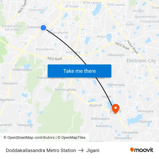 Doddakallasandra Metro Station to Jigani map