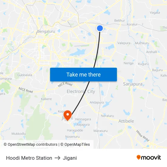 Hoodi Metro Station to Jigani map