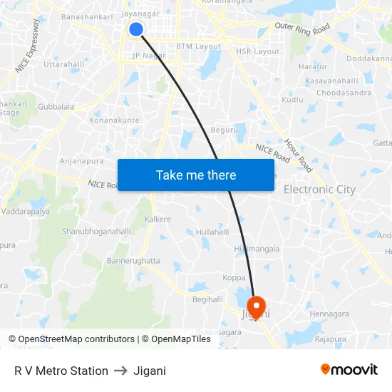 R V Metro Station to Jigani map