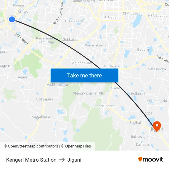 Kengeri Metro Station to Jigani map