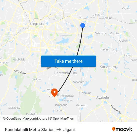 Kundalahalli Metro Station to Jigani map