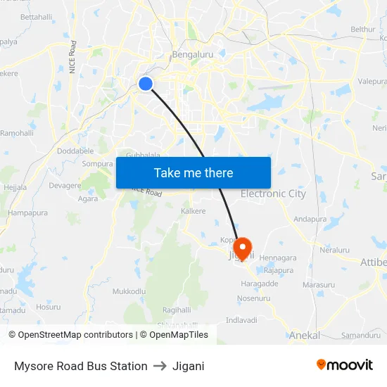 Mysore Road Bus Station to Jigani map