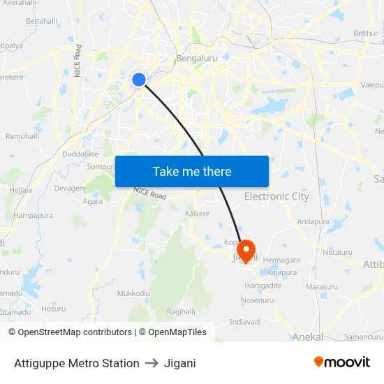 Attiguppe Metro Station to Jigani map