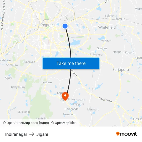 Indiranagar to Jigani map