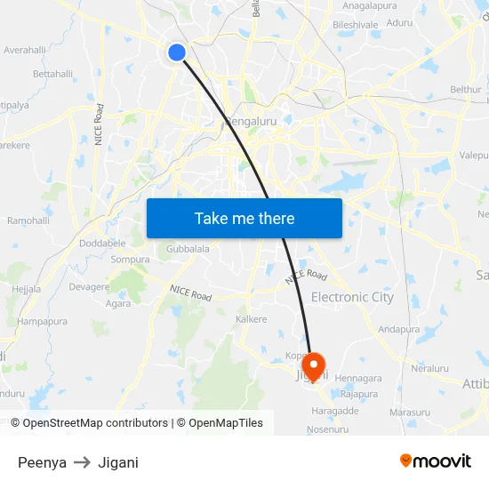 Peenya to Jigani map
