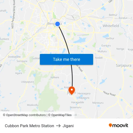 Cubbon Park Metro Station to Jigani map