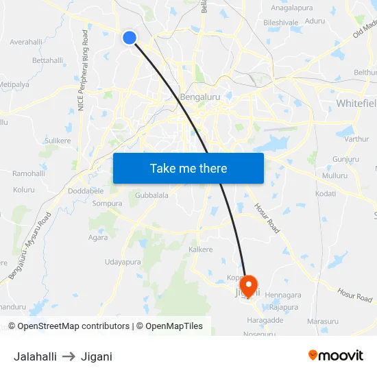 Jalahalli to Jigani map