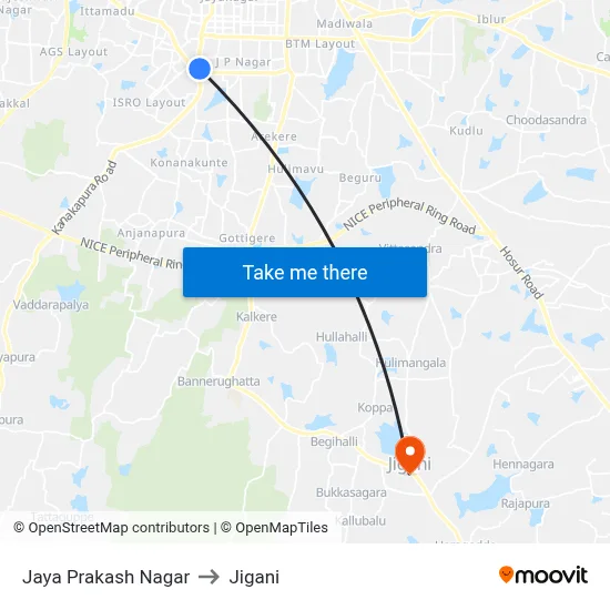 Jaya Prakash Nagar to Jigani map