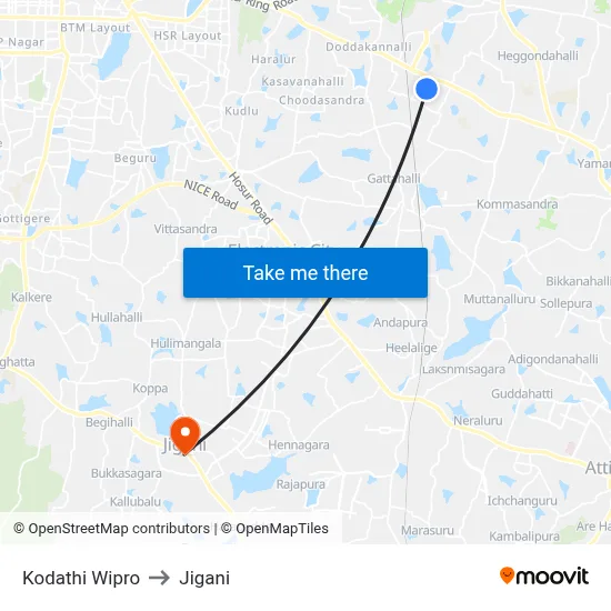 Kodathi Wipro to Jigani map