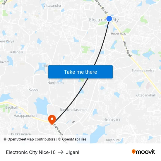 Electronic City Nice-10 to Jigani map