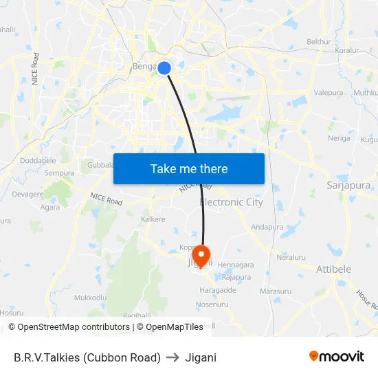 B.R.V.Talkies (Cubbon Road) to Jigani map