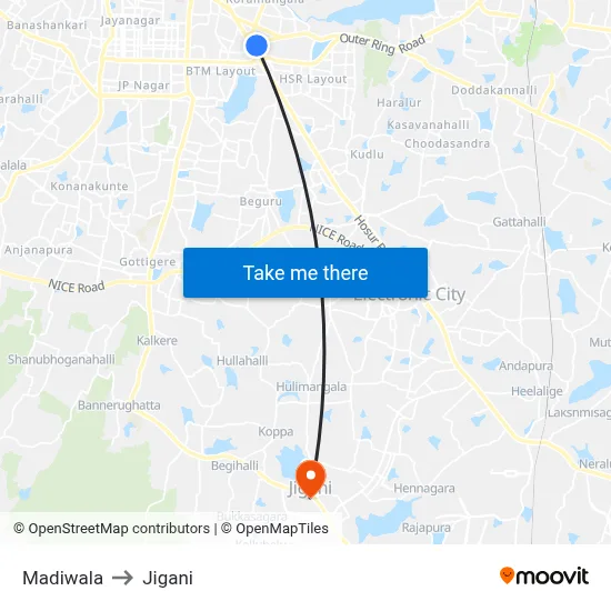 Madiwala to Jigani map